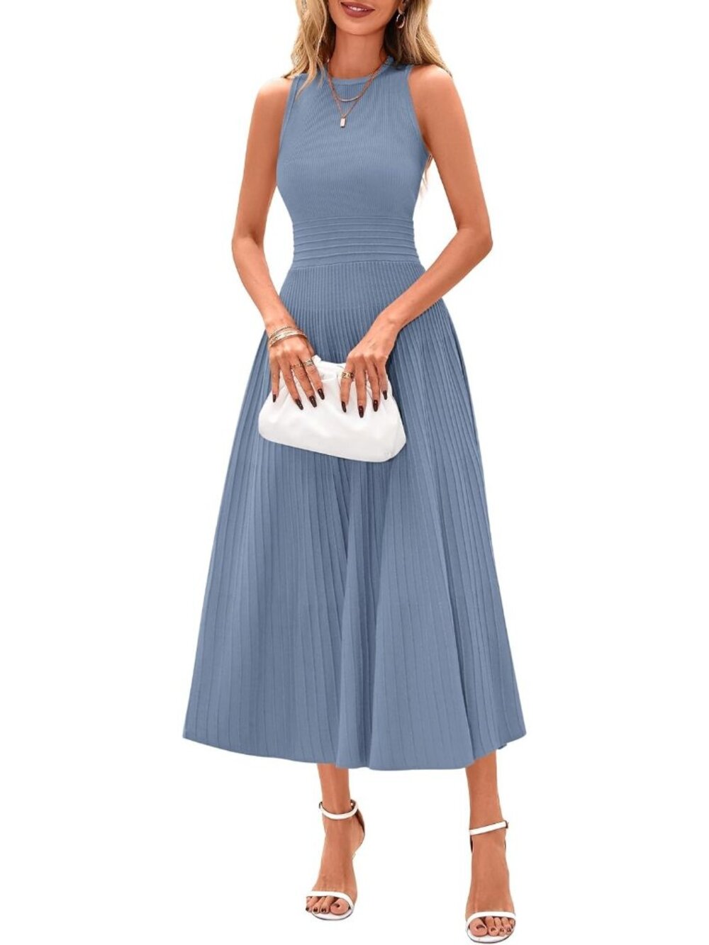 Women's Blue Grey Sleeveless A Line Summer Pleated Midi Work Wedding Guest Dress